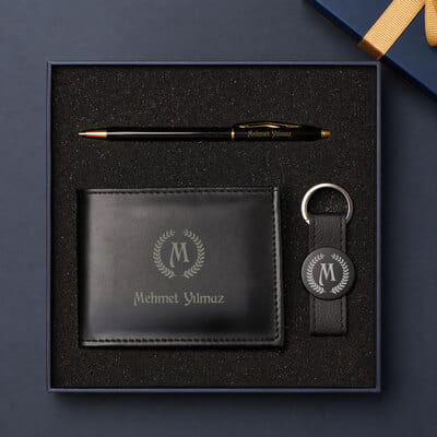 Monogram Tasarımlı Kişiye Özel Erkek Cüzdan Anahtarlık Kalem Hediye Seti