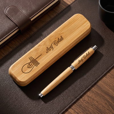 Osmanlı Tuğralı Hediye Bambu Kutulu Kalem Seti