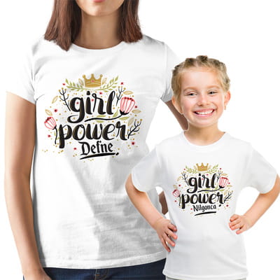 Anneler ve Kızları için Girl Power Tasarımlı Tişört Kombini - %100 Pamuklu Kumaş