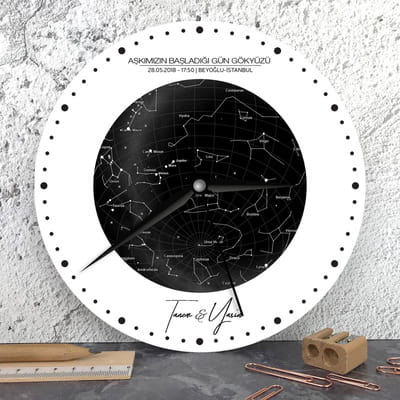 Sevgiliye Hediye Özel Gün Yıldız Haritası Tasarımlı Duvar Saati