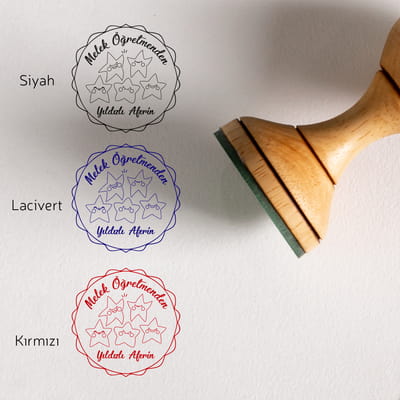 Yıldızlı Aferin Tasarımlı Öğretmene Hediye Ahşap Mühür Seti