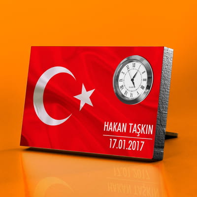 Türk Bayraklı Kurumsal Hediye Saatli Masa İsimiği