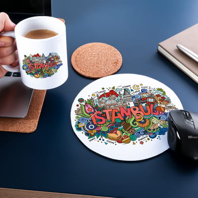 İstanbulun Simgeleri Tasarımlı Kupa Fincan ve Mouse Pad Seti