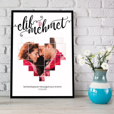 Sevgiliye Yıldönümü Hediyesi Kolaj Kalp Tasarımlı Tablo 30x40