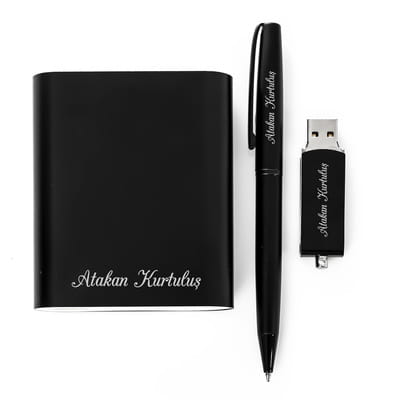 Kişiye Özel Hediye Kutulu Powerbank Kalem Usb Bellek Seti