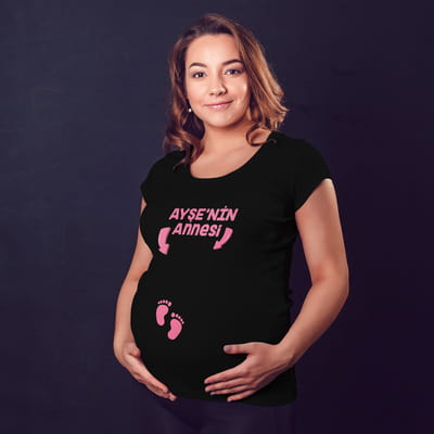 Kişiye Özel Kız Erkek Bebek İsim Yazılı Hamile Tişörtü - %100 Pamuklu Kumaş