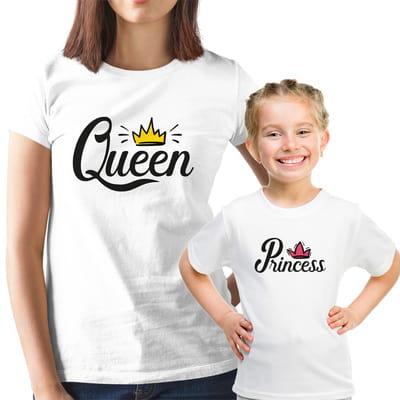 Kraliçe Anne ve Prenses Kızı Tasarımlı Anne Kız Tişört Kombini - %100 Pamuklu Kumaş
