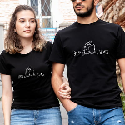 Minimal Tasarımlı İsme Özel İkili Sevgili Tişört Kombini - %100 Pamuklu Kumaş